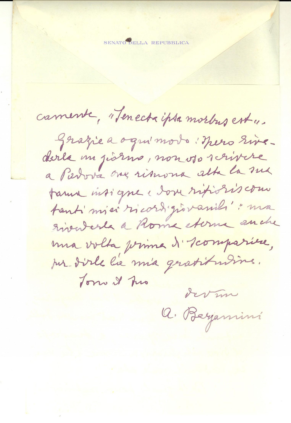 Autografo originale 1961 ROMA Senatore Alberto BERGAMINI ringrazia per gli auguri Autografo 1