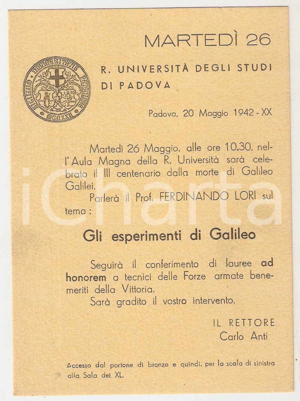 Cartolina originale da collezione 1942 PADOVA  REGIA UNIVERSITA  Invito conferenza Ferdinando LORI su GALILEO 1