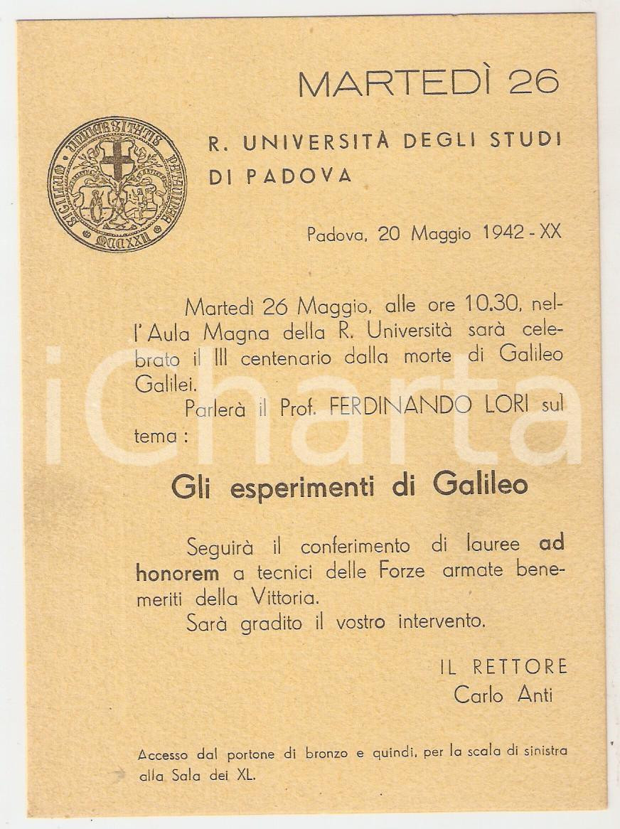 Cartolina originale da collezione 1942 PADOVA  REGIA UNIVERSITA  Invito conferenza Ferdinando LORI su GALILEO 1