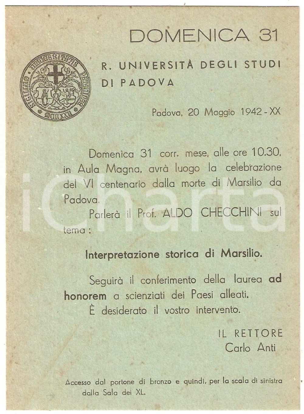 1942 PADOVA REGIA UNIVERSITÀ Invito conferenza Aldo CHECCHINI Marsilio da Padova