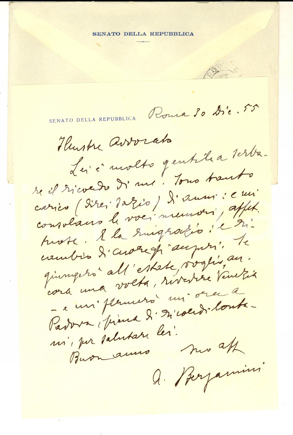 Autografo originale 1955 ROMA Carico di anni, mi consolano le voci affettuose Alberto BERGAMINI 1