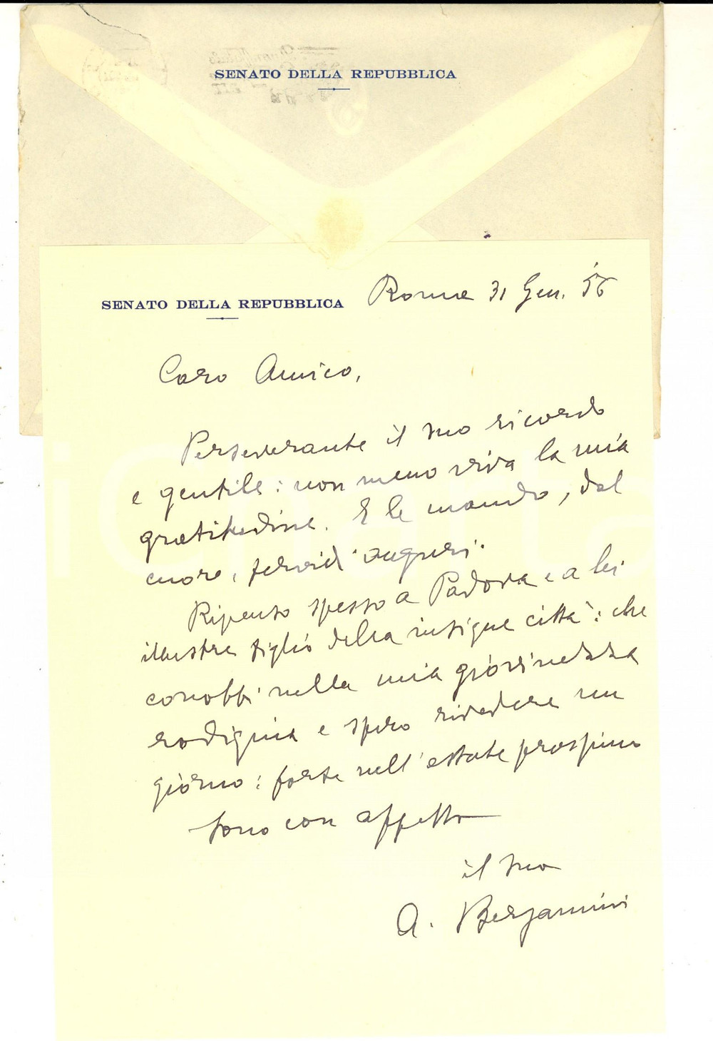 Autografo originale 1956 ROMA Senatore Alberto BERGAMINI  Lettera di auguri  AUTOGRAFO 1