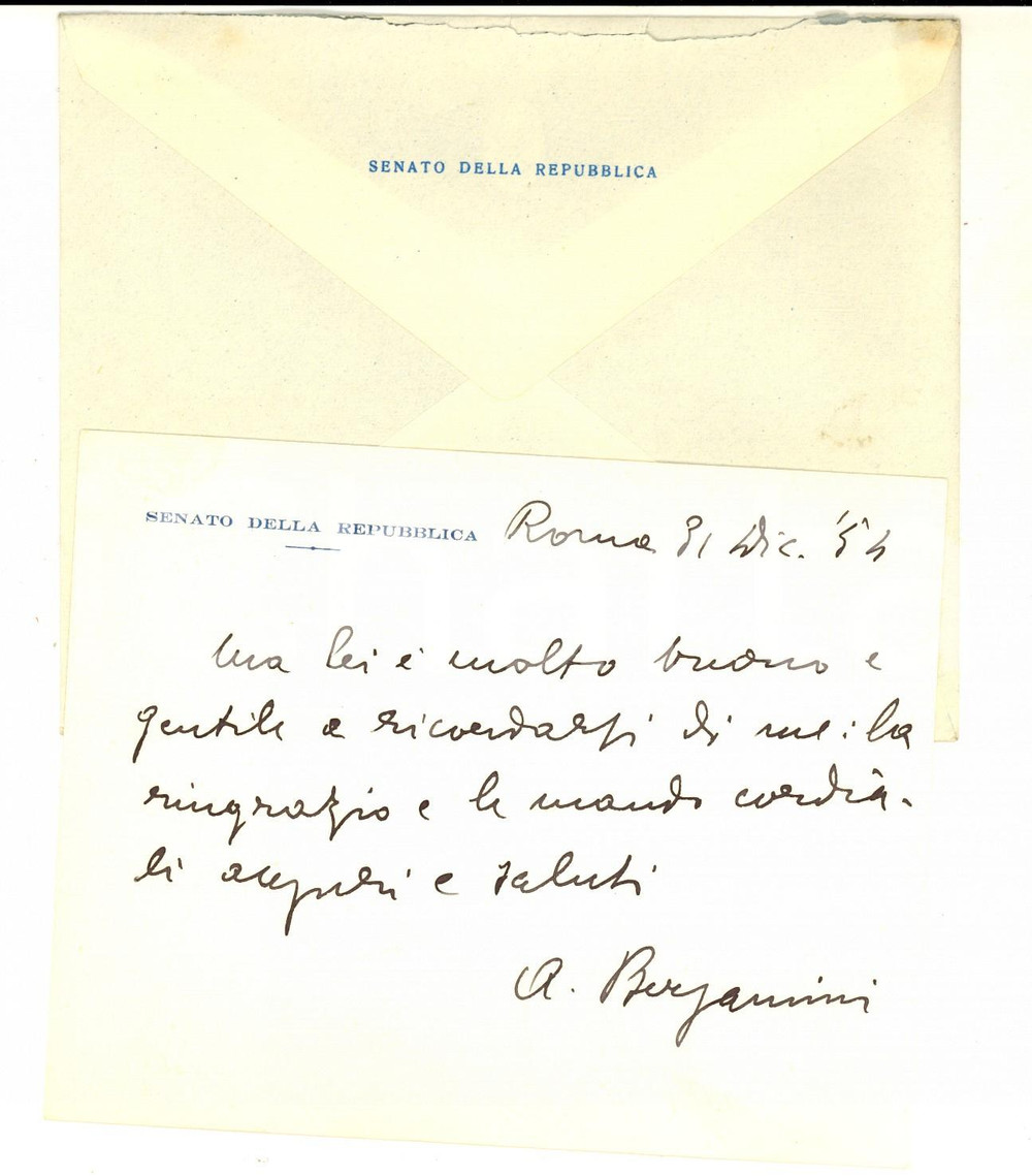 Autografo originale 1954 ROMA Senatore Alberto BERGAMINI  Biglietto di ringraziamento Autografo 1