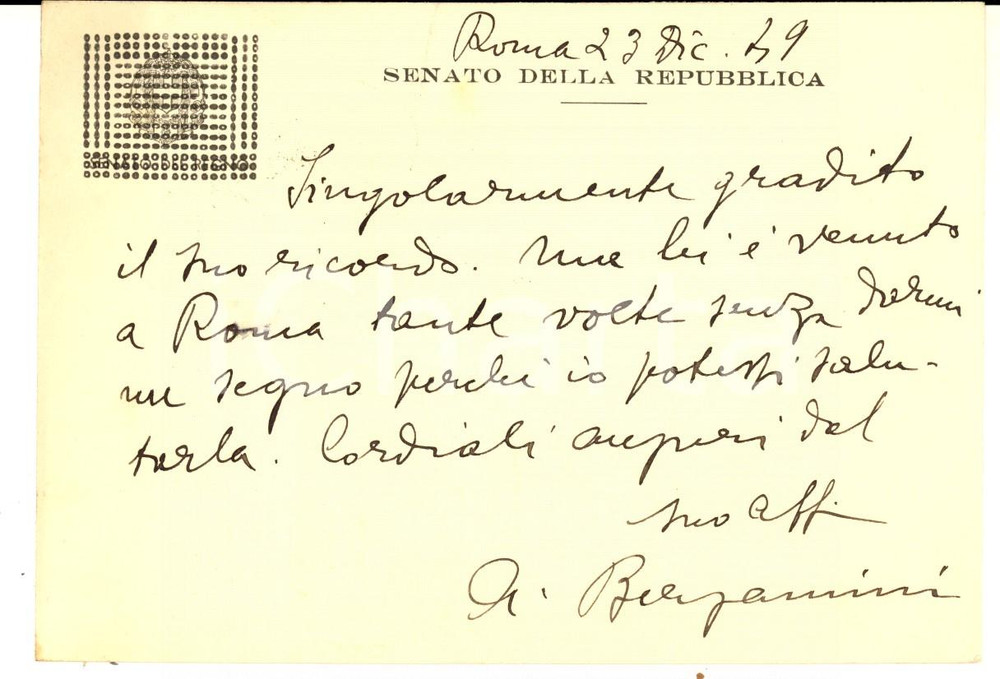 Autografo originale 1949 ROMA Senatore Alberto BERGAMINI  Cartolina postale a un amico AUTOGRAFO 1