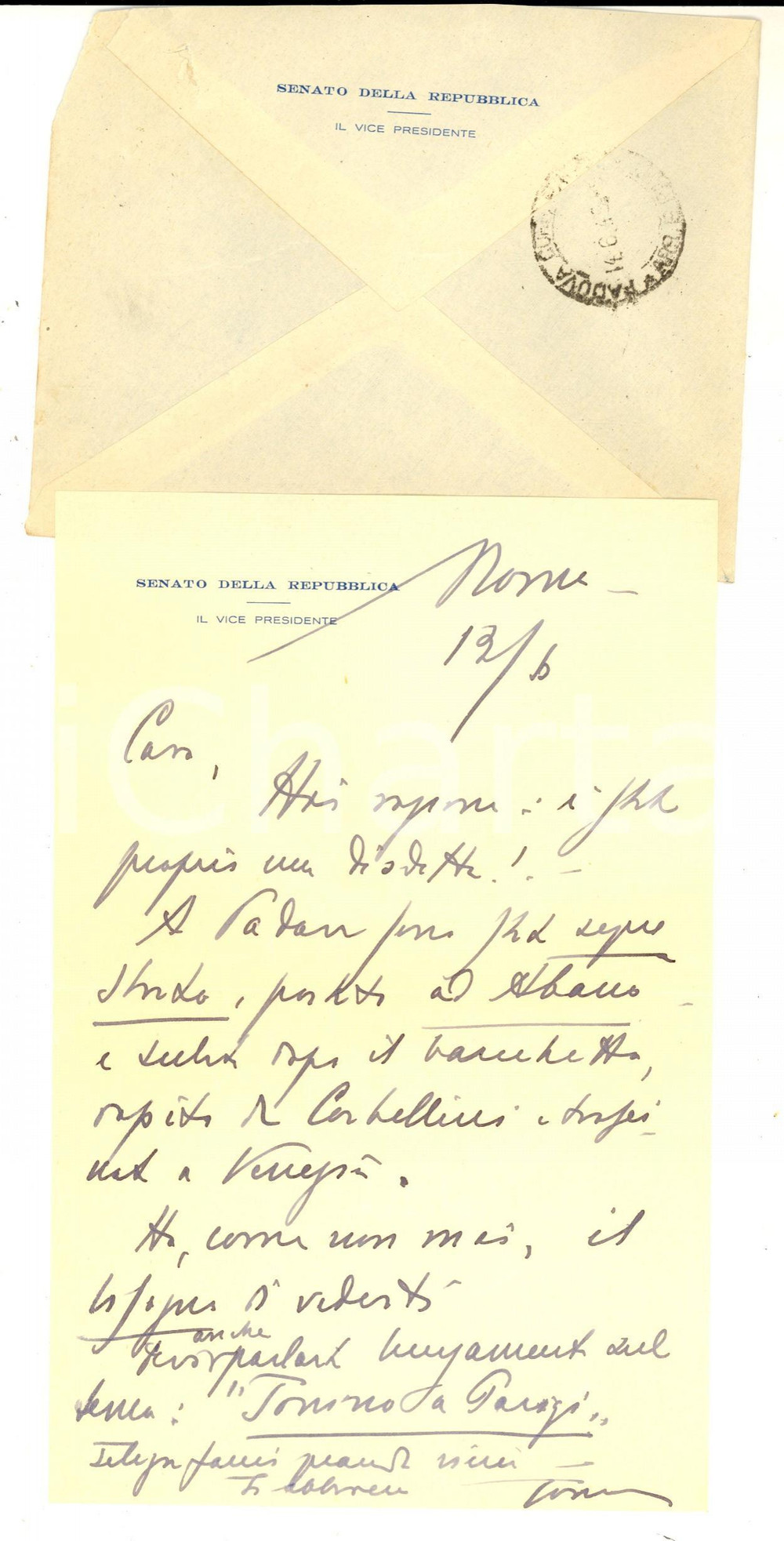 Autografo originale 1949 ROMA Vicepresidente del Senato Antonio ALBERTI a un amico Autografo 1