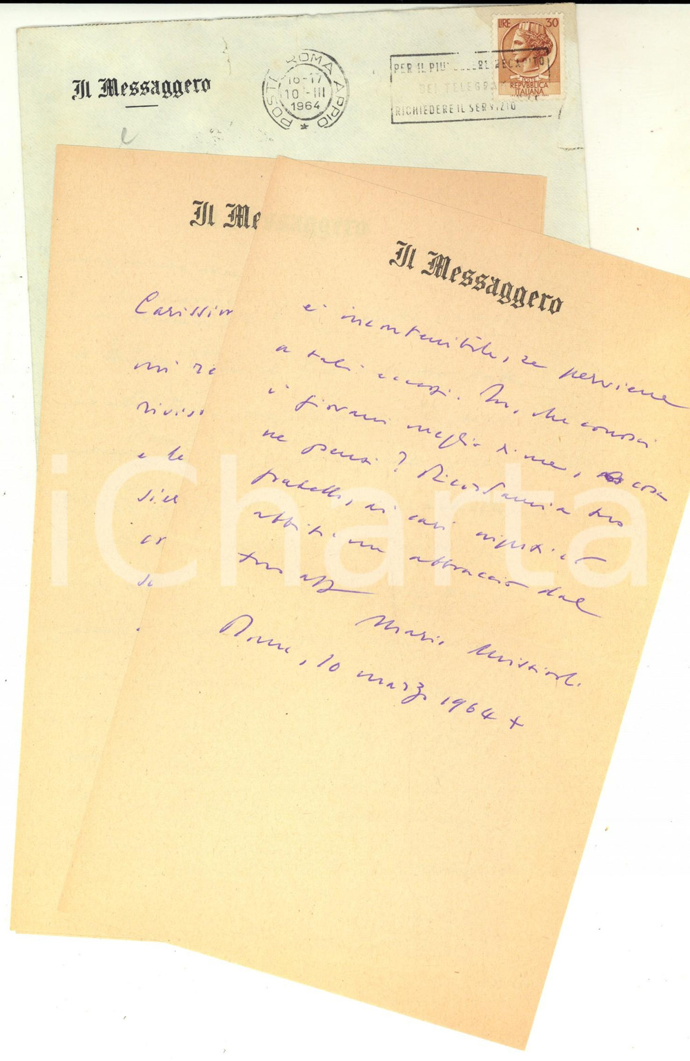 Autografo originale 1964 ROMA IL MESSAGGERO E  spenta la democrazia Autografo Mario MISSIROLI 1