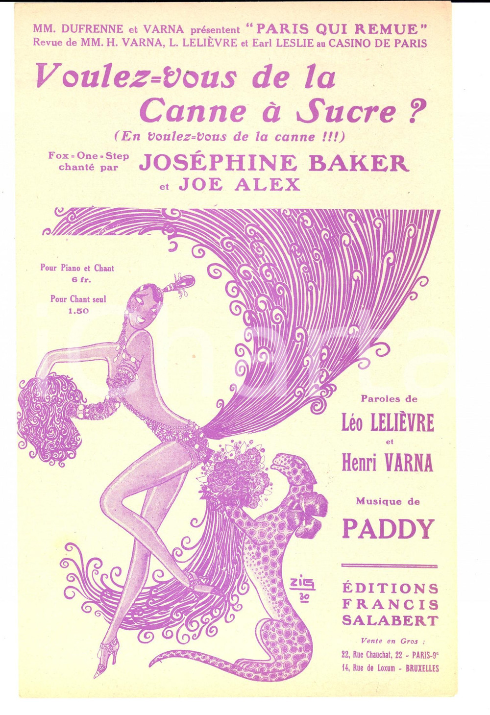 Oggetto da collezione cartaceo 1930 Joséphine BAKER Voulezvous de la canne à sucre? Spartito LELIEVRE  VARNA 1