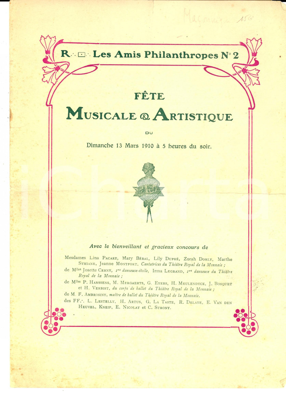 Documento originale, autentico 1910 PARIS  Francmaçonnerie : Fête musicale et artistique – Programme VINTAGE 1