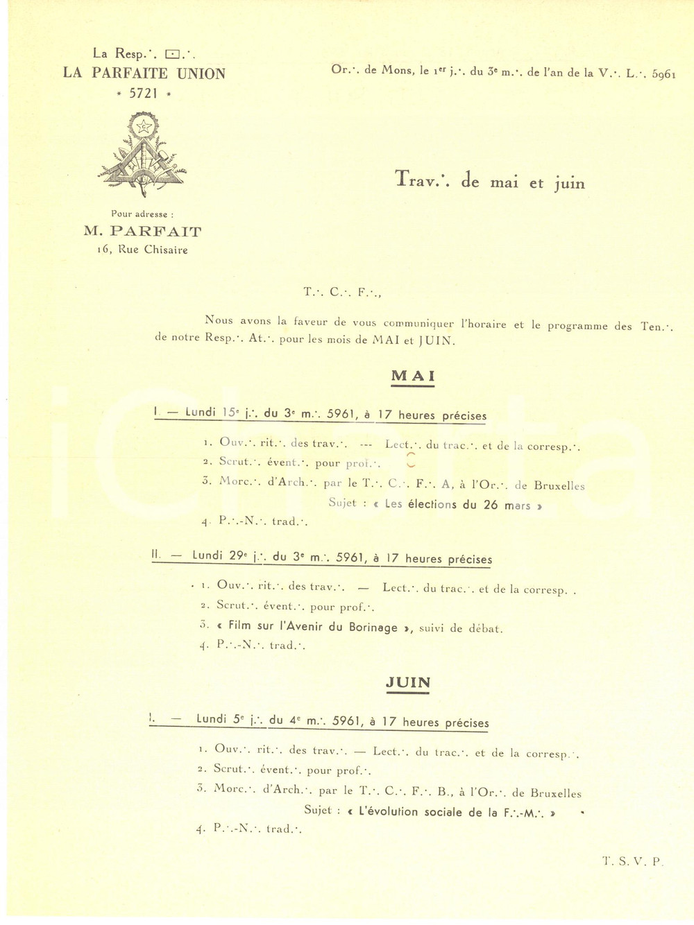 Documento originale, autentico 1910 ca MONS BELGIQUE  Loge maçonnique, rue Chisaire – Programme des travaux 1