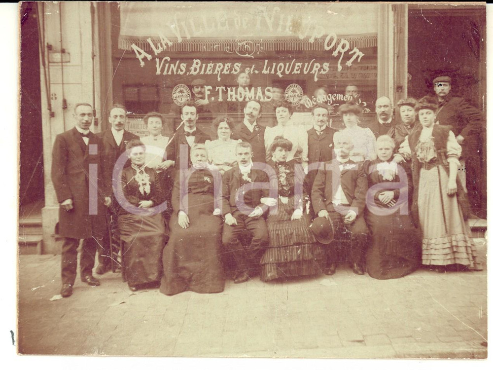 Fotografia d epoca originale 1880 ca NIEUWPOORT BELGIQUE Vins et liqueurs F. THOMAS Photo RARE VINTAGE 1