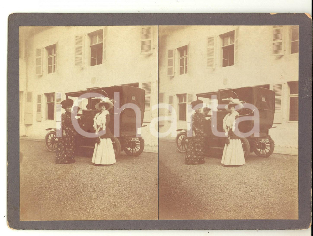 Fotografia d epoca originale 1910 ca BRUXELLES Coppia di nobildonne con automobile  Foto stereoscopica 18x13 1