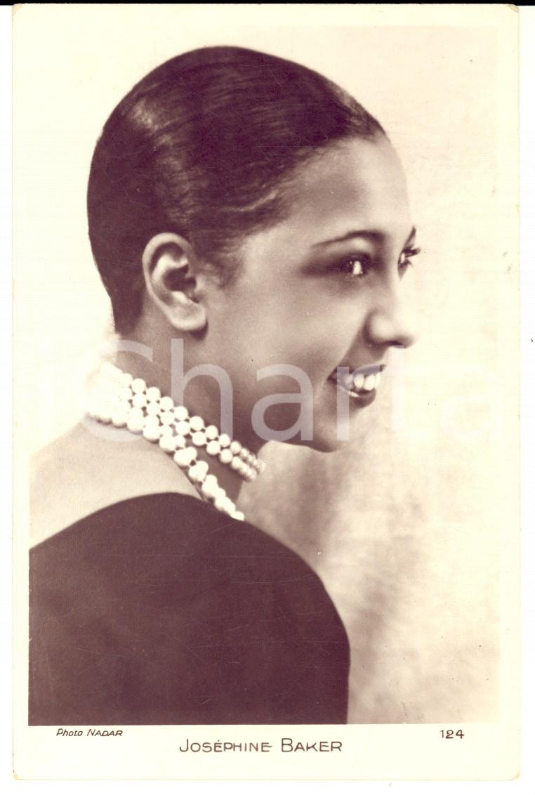 Cartolina originale da collezione 1925 ca FRANCE Joséphine BAKER avec collier de perles Carte postale photo NADAR 1