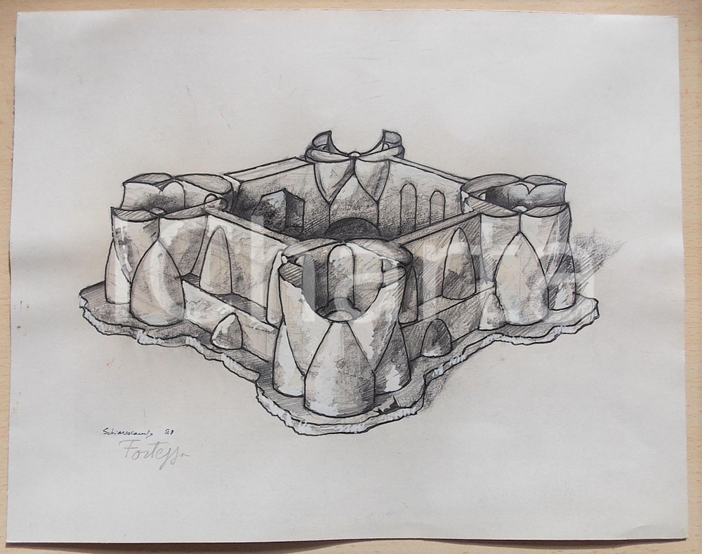 Opera d’arte autentica 1981 ARTE Paolo SCHIAVOCAMPO Bozzetto per scultura Fortezza  FIRMATO 30x24 1