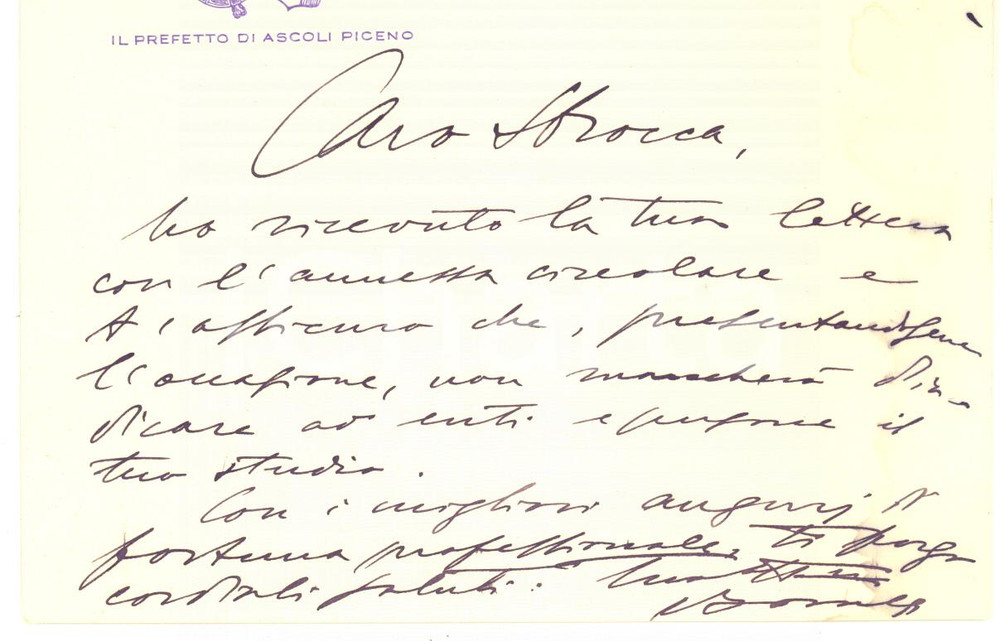 Autografo originale 1930 ASCOLI PICENO Prefetto Bernardo BORRELLI  Biglietto AUTOGRAFO 1