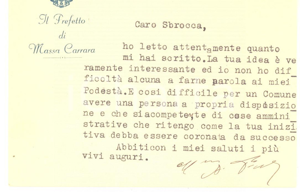Autografo originale 1931 MASSA CARRARA Prefetto Amerigo FESTA  Biglietto AUTOGRAFO 1