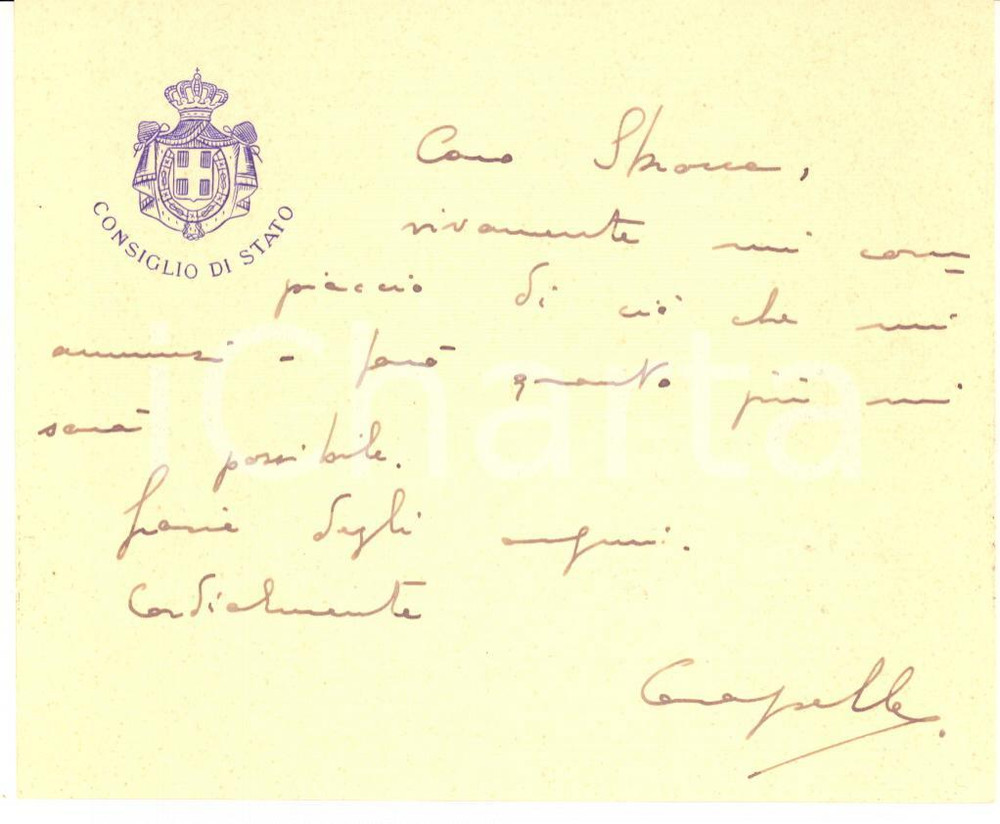 Autografo originale 1930 ROMA Consiglio di Stato  Aristide CARAPELLE  Biglietto AUTOGRAFO 1