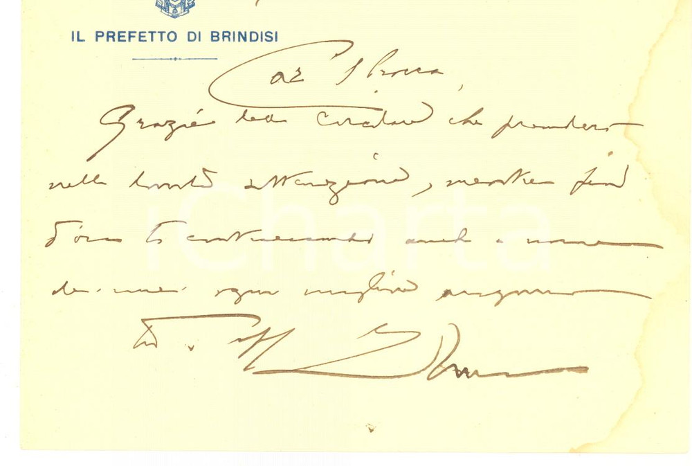 Autografo originale 1931 BRINDISI Prefetto Francesco ROSSO  Biglietto AUTOGRAFO 1