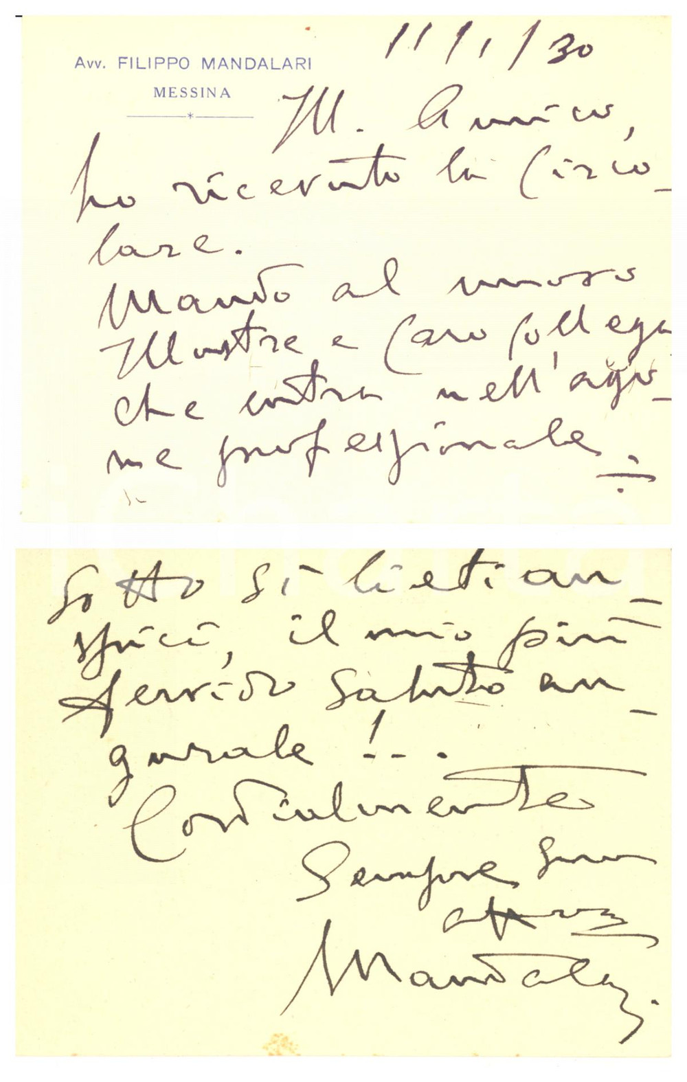 Autografo originale 1930 MESSINA Avv. Filippo MANDALARI  Biglietto AUTOGRAFO 1