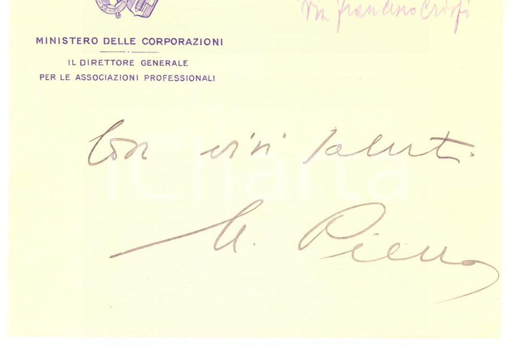 Autografo originale 1930 ROMA Mariano PIERRO  Ministero delle Corporazioni  Biglietto AUTOGRAFO 1