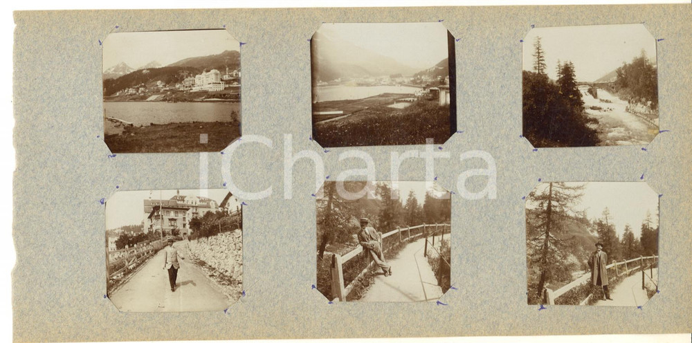 1913 ST. MORITZ DORF Vedute con lago e Grand Hotel  *Lotto 6 foto Lotto di sei fotografie d'epoca, montate su cartoncino. GOOD/buono ma piccole tracce a penna agli angoli Formato: 23x12 cm (cartoncino); 4x4 cm (foto) originale e autentica 1