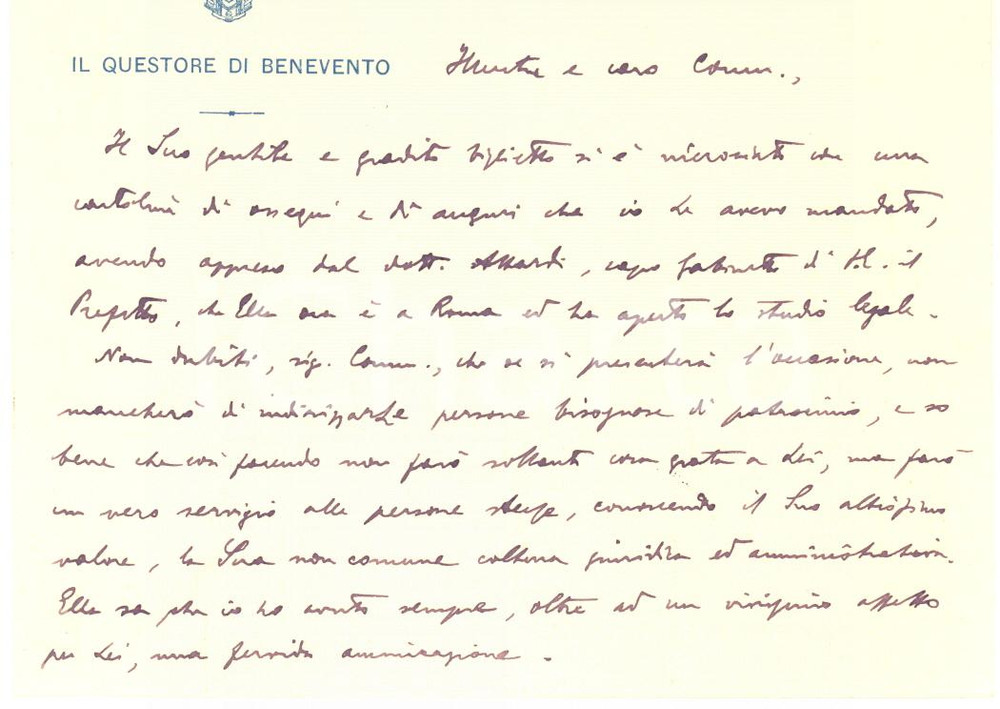 Autografo originale 1930 Questore di BENEVENTO  Biglietto AUTOGRAFO per auguri ad avvocato 1