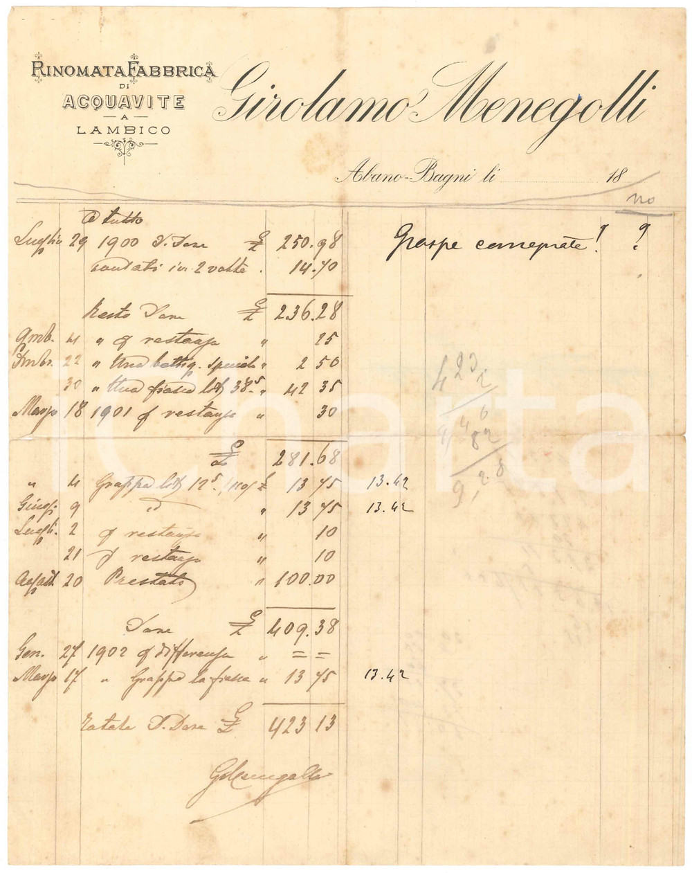 Documento originale, autentico 1900 ca ABANO TERME PD  Girolamo MENEGOLLI Acquavite  Conto manoscritto 1