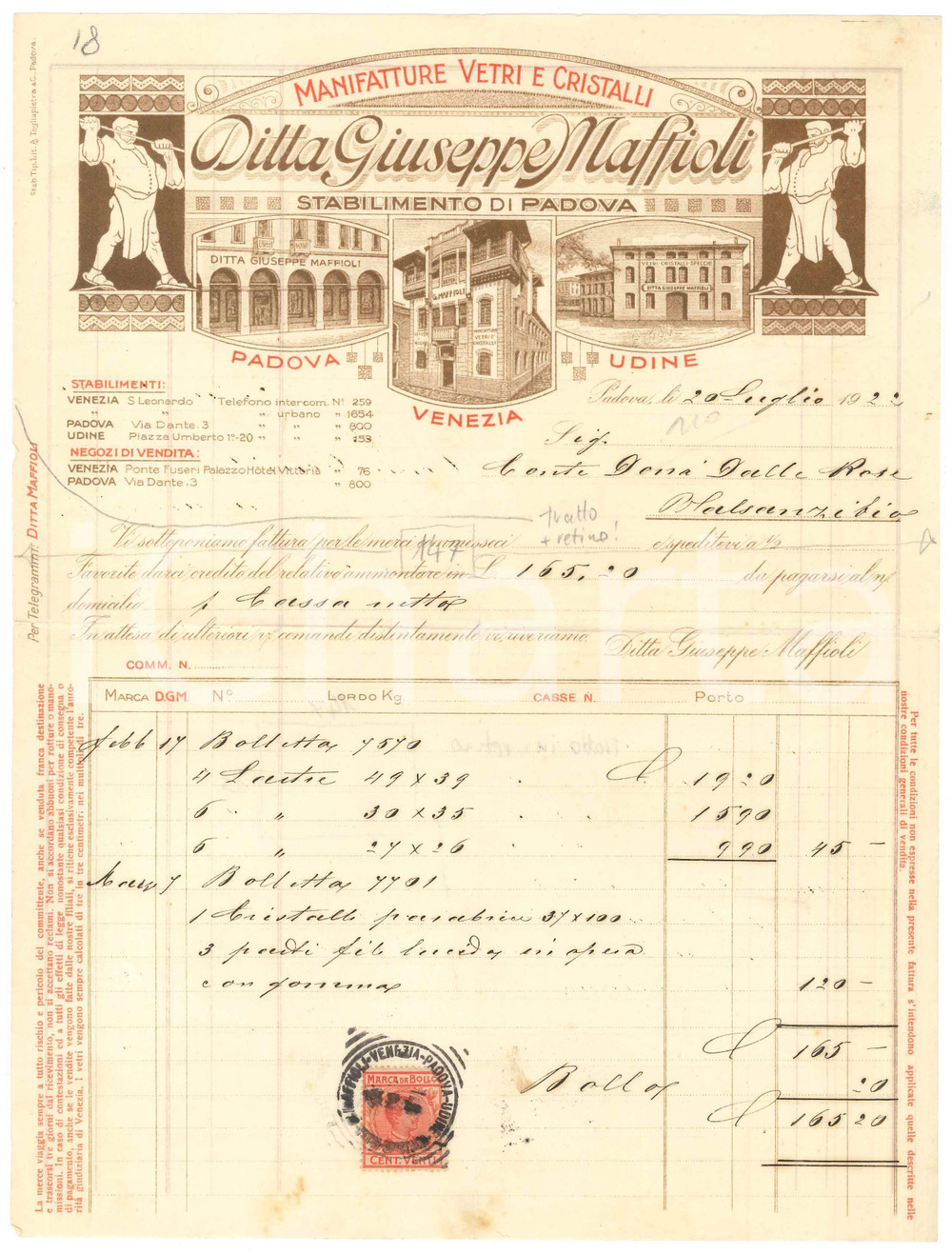 Documento originale, autentico 1922 PADOVA via Dante 3  Ditta Giuseppe MAFFIOLI Manifatture vetri   Fattura 1