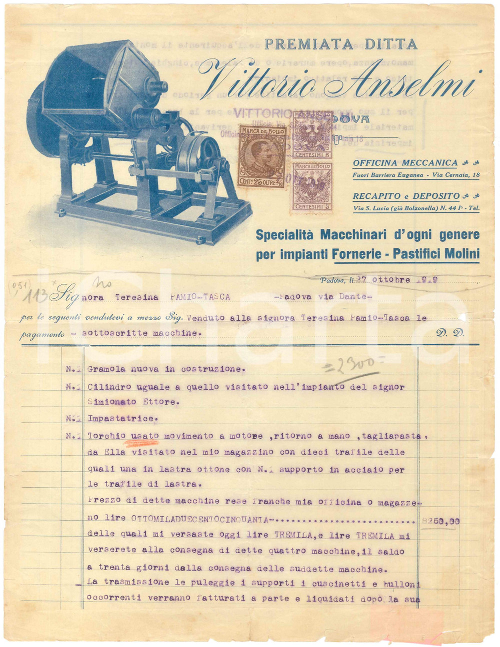 Documento originale, autentico 1919 PADOVA Vittorio ANSELMI Macchinari per Fornerie Pastifici Molini  Fattura 1