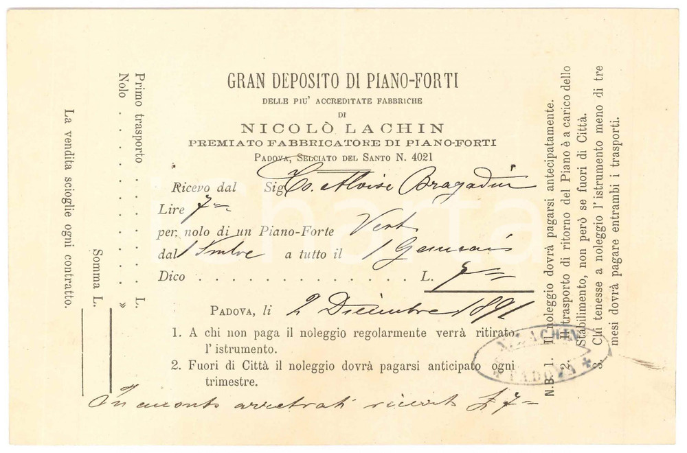 Documento originale, autentico 1891 PADOVA Selciato del Santo  NicolÃ² LACHIN Fabbrica di pianoforti  Ricevuta 1