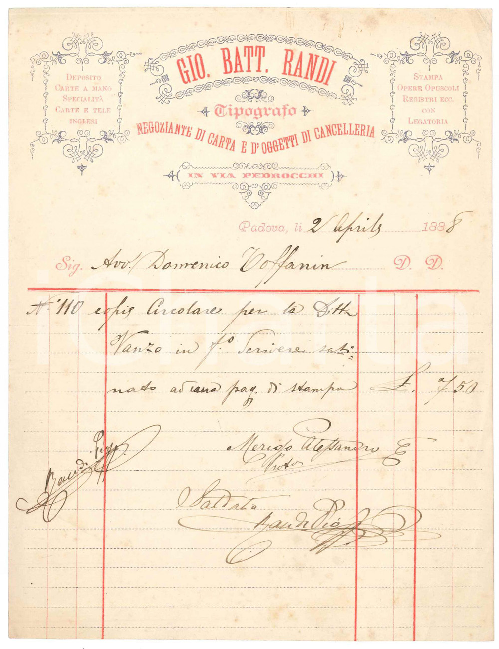 Documento originale, autentico 1888 PADOVA Giovanni Battista RANDI Tipografo Negoziante di carta  Fattura 1