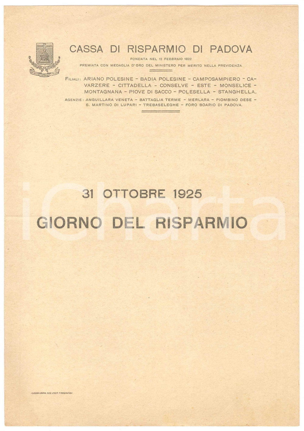 Documento originale, autentico 31 Ottobre 1925 CASSA DI RISPARMIO DI PADOVA  Giorno del Risparmio Pieghevole 1
