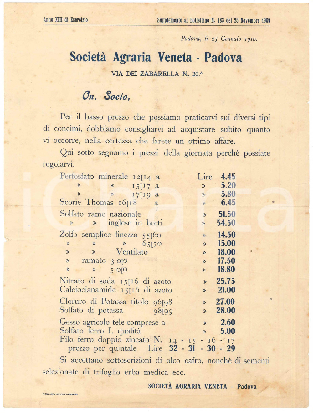 Documento originale, autentico 1910 PADOVA SocietÃ  Agraria Veneta  Listino prezzi dei concimi 1