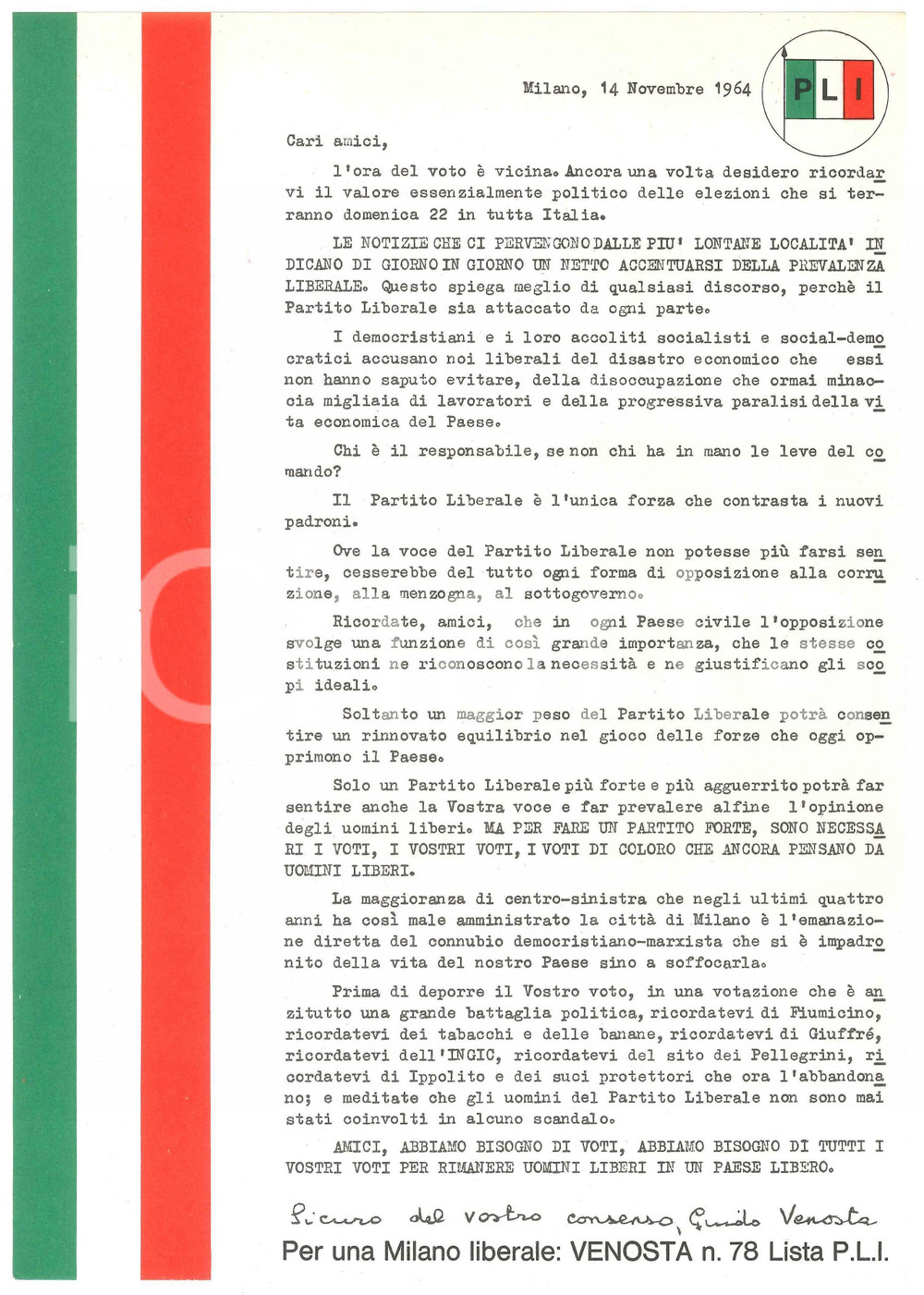 Materiale pubblicitario d’epoca 1975 PLI MILANO Lettera Guido VENOSTA  PROPAGANDA elettorale 1