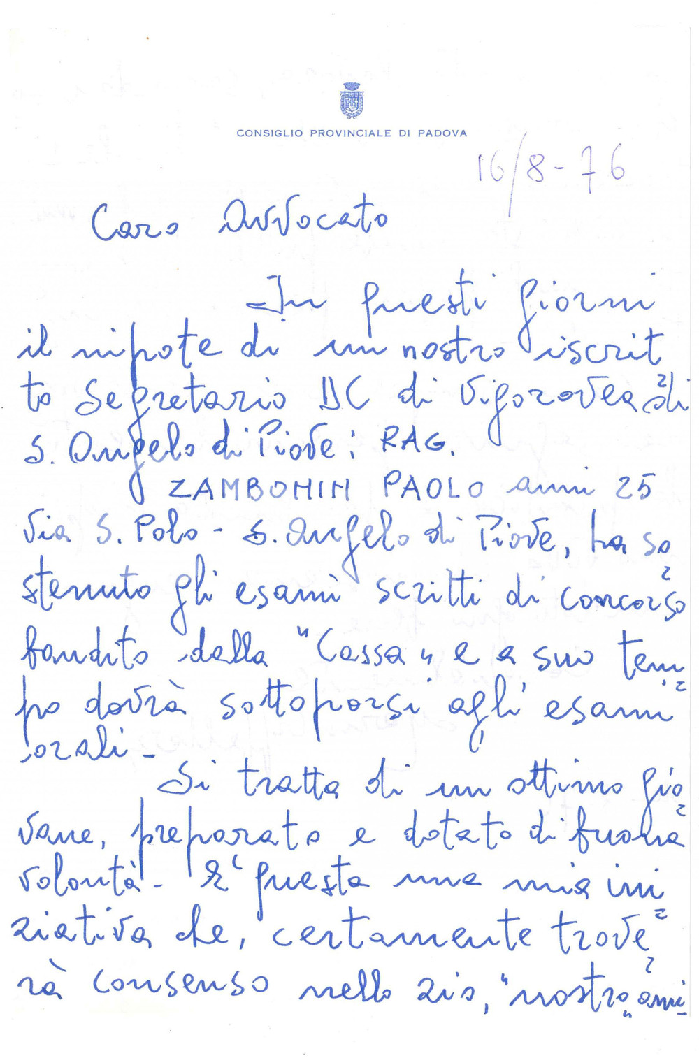 Autografo originale 1976 PADOVA Consiglio Provinciale  Lettera Mario CAPPELLERI AUTOGRAFO 1