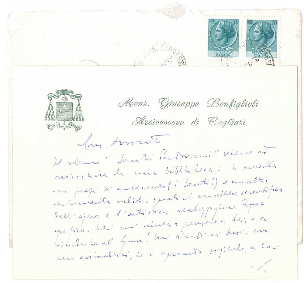 Autografo originale 1976 CAGLIARI Mons. Giuseppe BONFIGLIOLI ringrazia per un libro  AUTOGRAFO 1