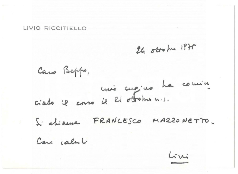Autografo originale 1975 s. l. Livio RICCITIELLO  Biglietto con messaggio AUTOGRAFO 1