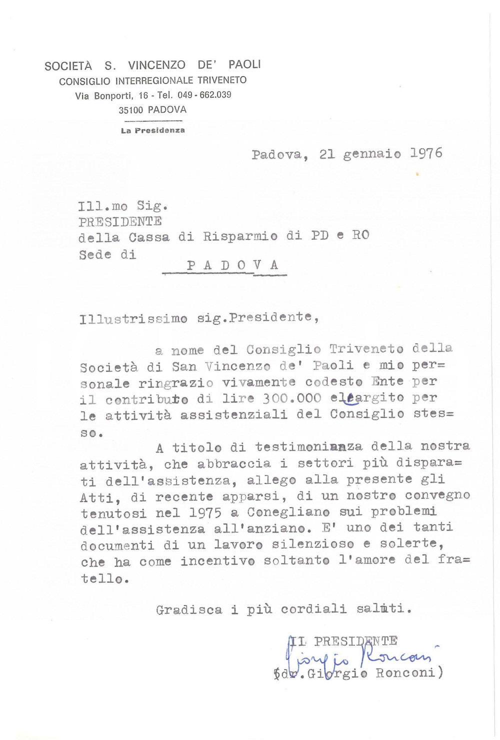 Autografo originale 1976 PADOVA Lettera Giorgio RONCONI  SocietÃ  S. VINCENZO DE  PAOLI Autografo 1
