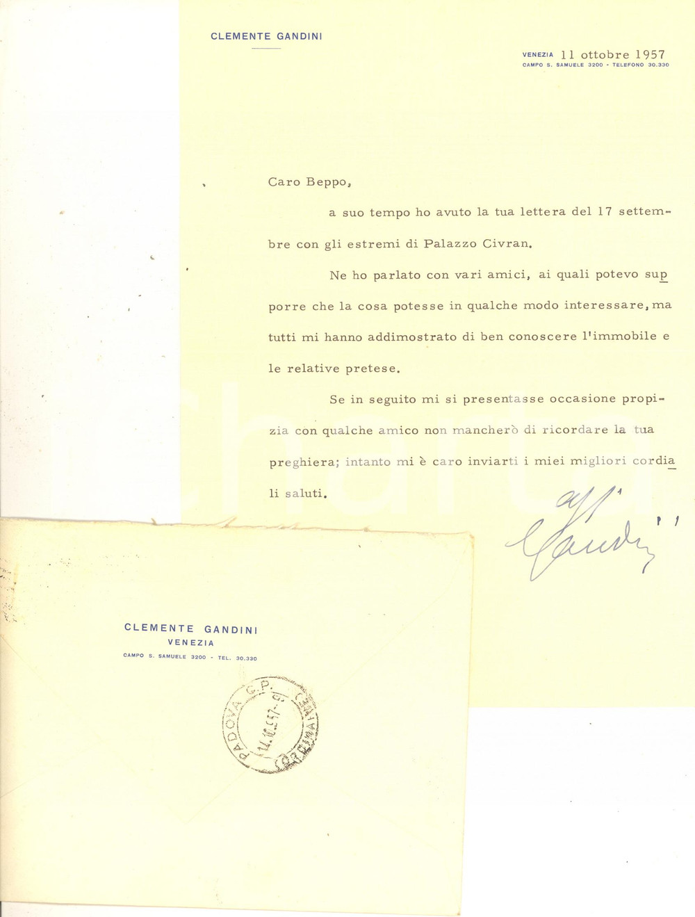 Autografo originale 1957 VENEZIA Lettera Clemente GANDINI per Palazzo Civran  Autografo 1