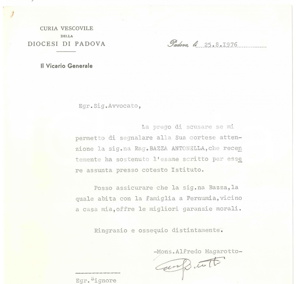 Autografo originale 1976 PADOVA Lettera mons. Alfredo MAGAROTTO  Vicario generale  AUTOGRAFO 1