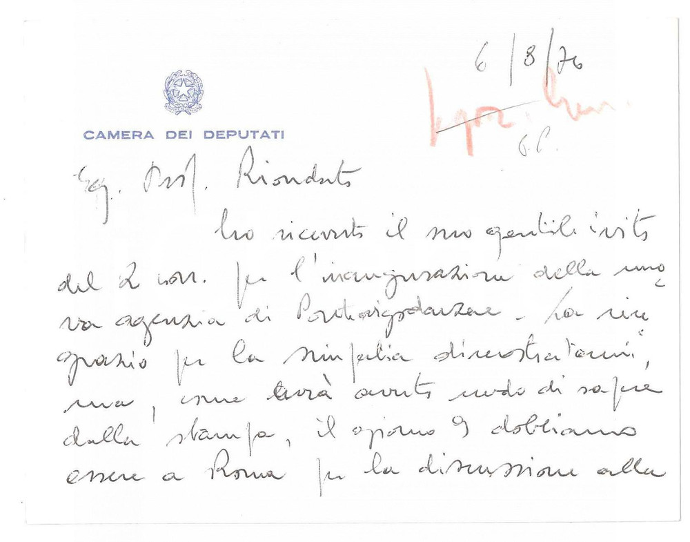 Autografo originale 1976 ROMA Biglietto on. Natale GOTTARDO per invito  Autografo 1