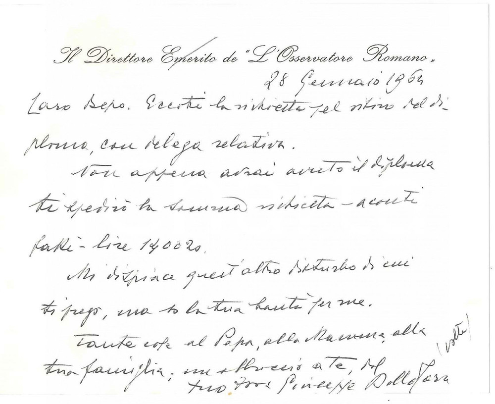 Autografo originale 1964 ROMA L OSSERVATORE ROMANO Biglietto Giuseppe DALLA TORRE  Autografo 1