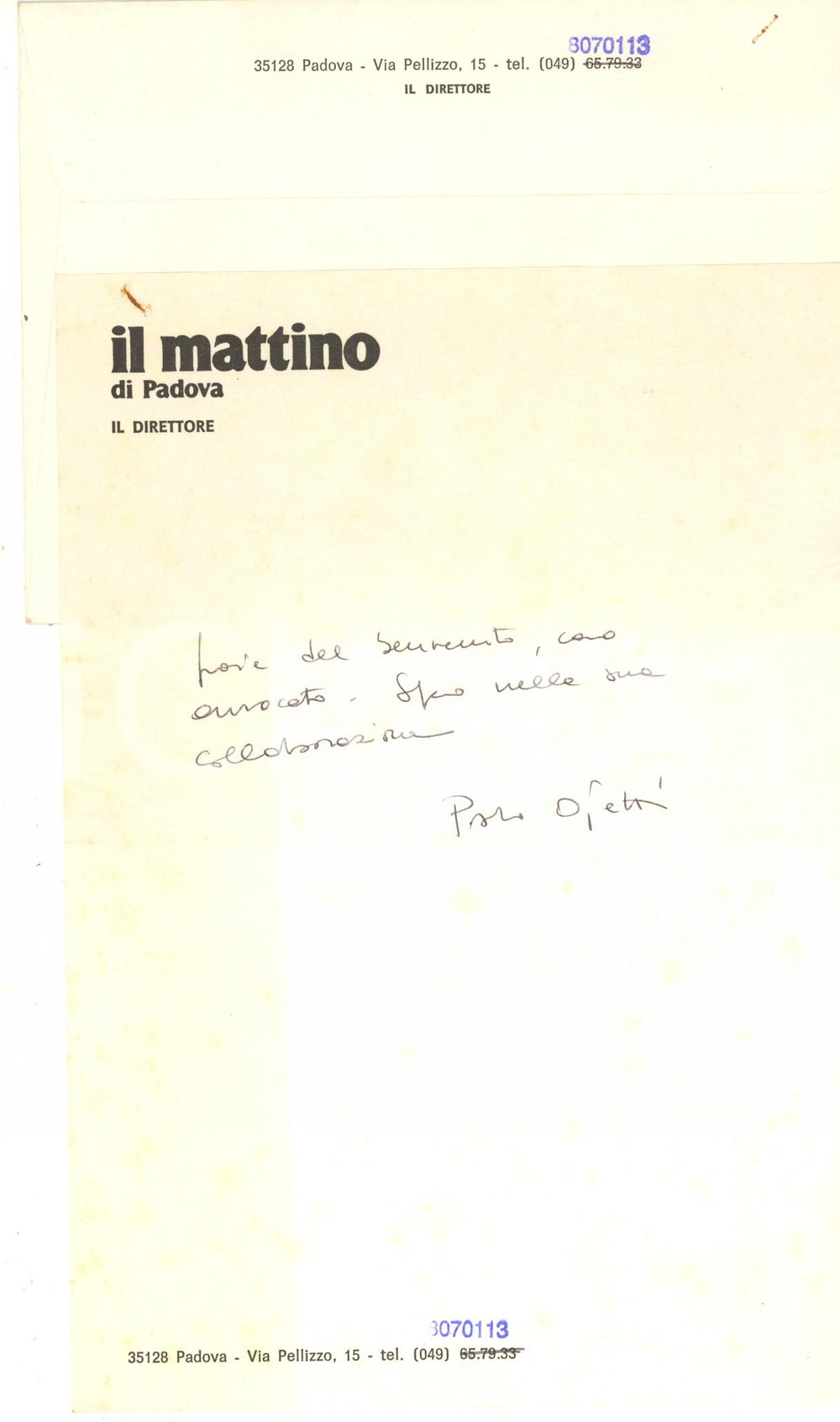 Autografo originale 1985 PADOVA Lettera Paolo OJETTI direttore IL MATTINO DI PADOVA  AUTOGRAFO 1