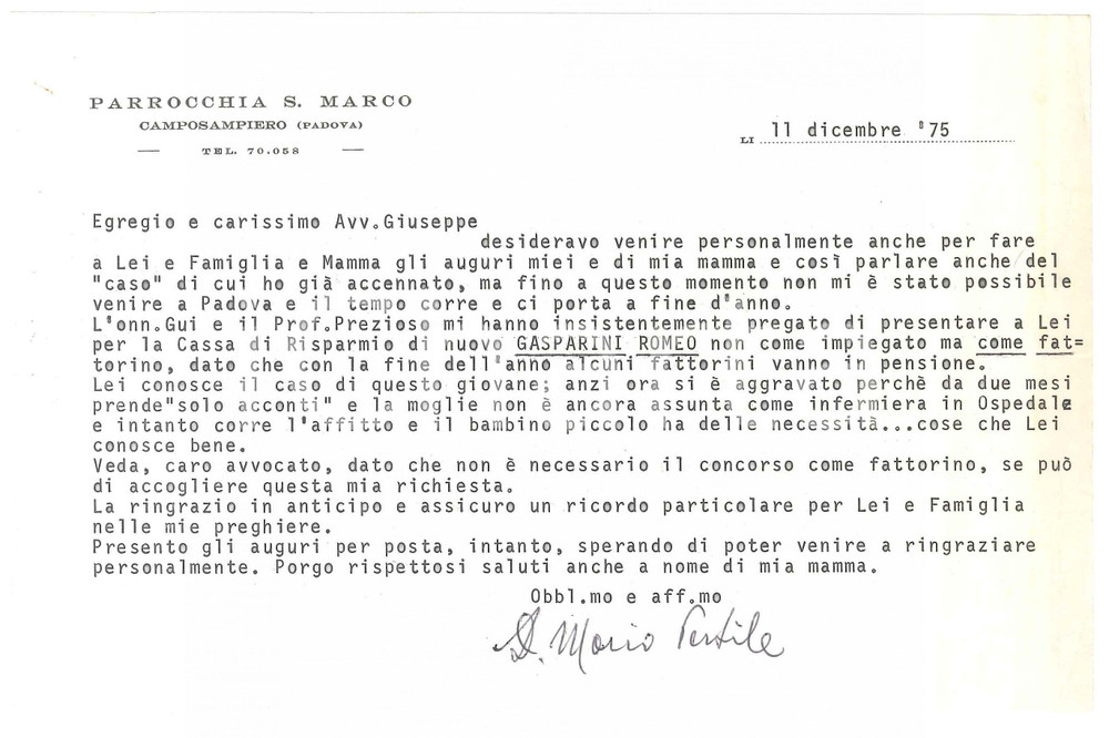 Autografo originale 1975 CAMPOSAMPIERO Lettera don Mario PERTILE  Parrocchia S. Marco Autografo 1
