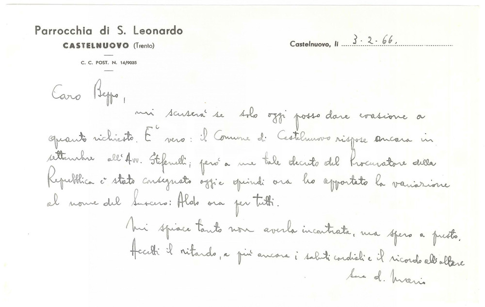 Autografo originale 1966 CASTELNUOVO TN Parrocchia S. LEONARDO  Lettera don Mario AUTOGRAFO 1