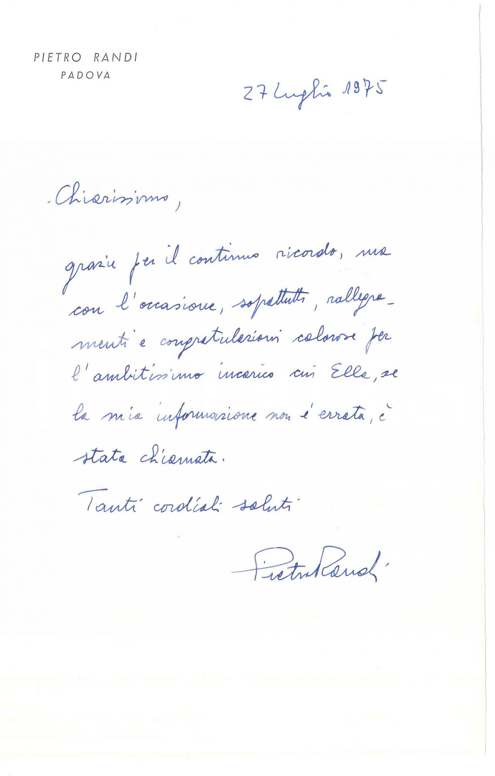 Autografo originale 1975 PADOVA Libraio Pietro RANDI  Lettera congratulazioni AUTOGRAFO 1