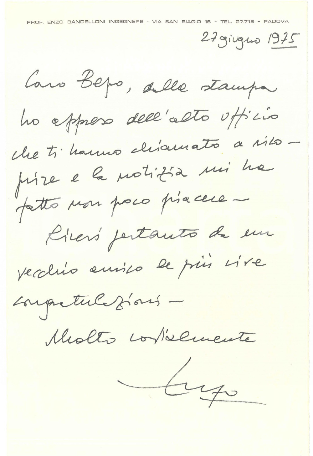 Autografo originale 1975 PADOVA Prof. Ing. Enzo BANDELLONI  Lettera congratulazioni AUTOGRAFO 1