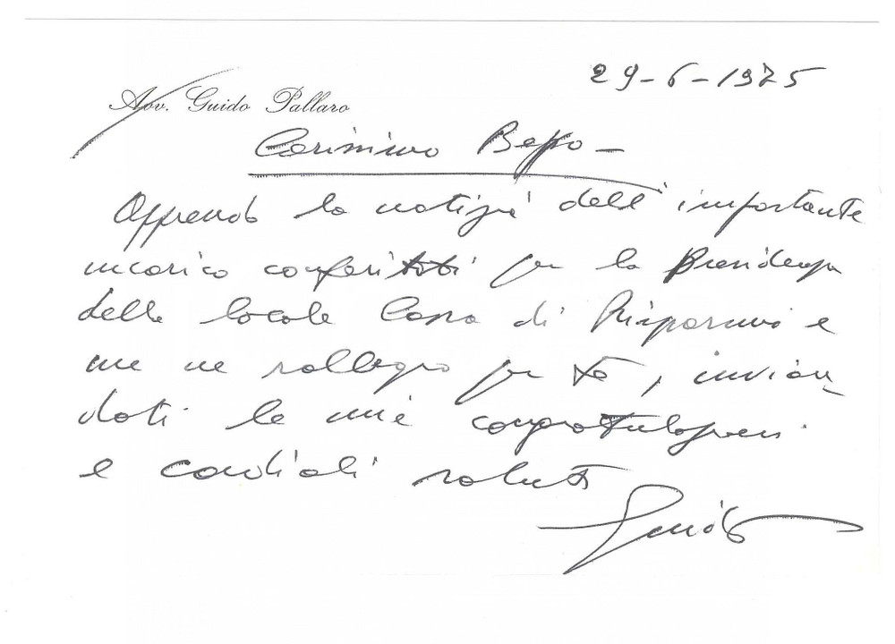 Autografo originale 1975 PADOVA Avv. Guido PALLARO  Biglietto congratulazioni  AUTOGRAFO 1