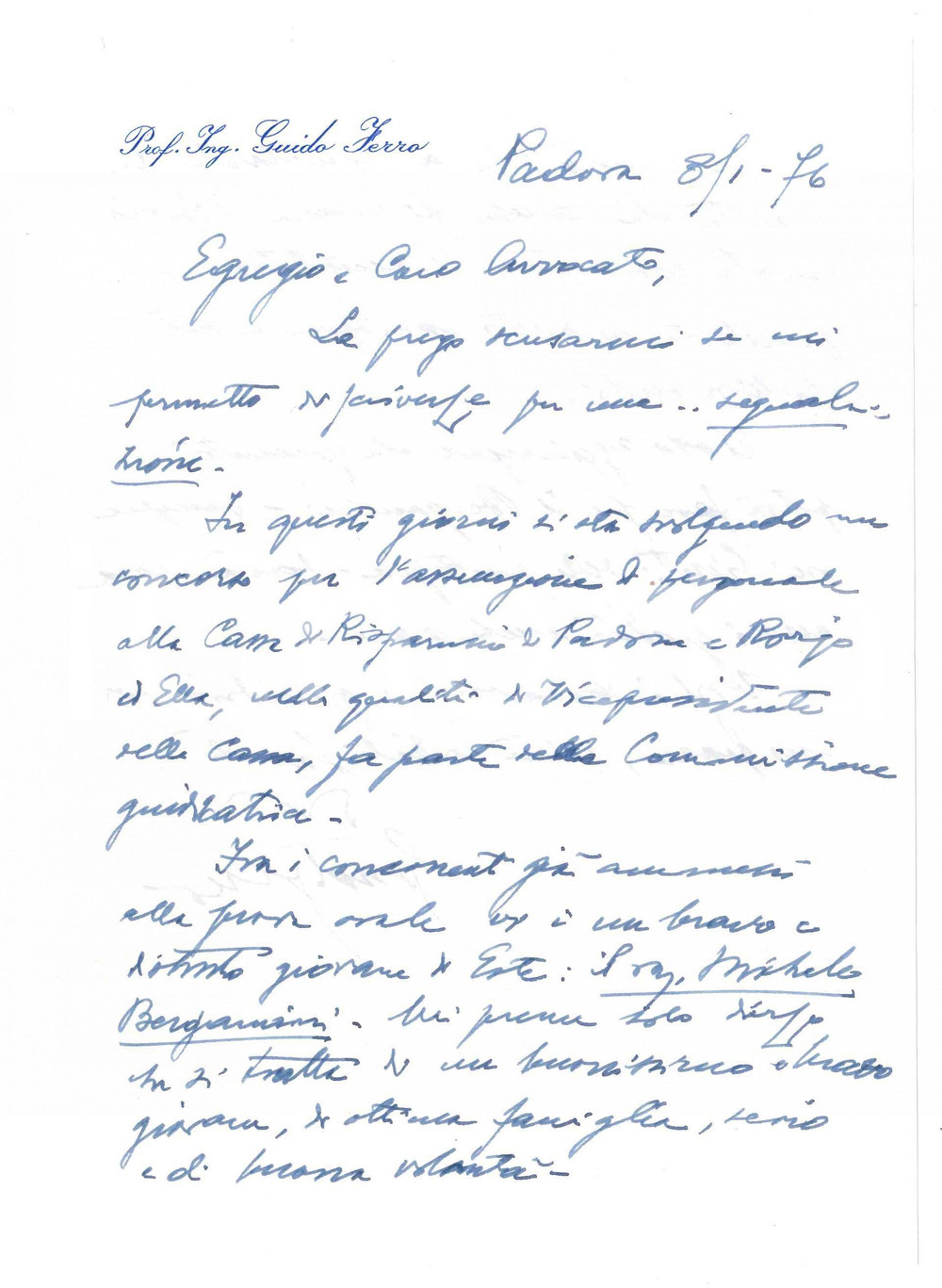 Autografo originale 1976 PADOVA Prof. Ing. Guido FERRO  Lettera per candidato  AUTOGRAFO 1