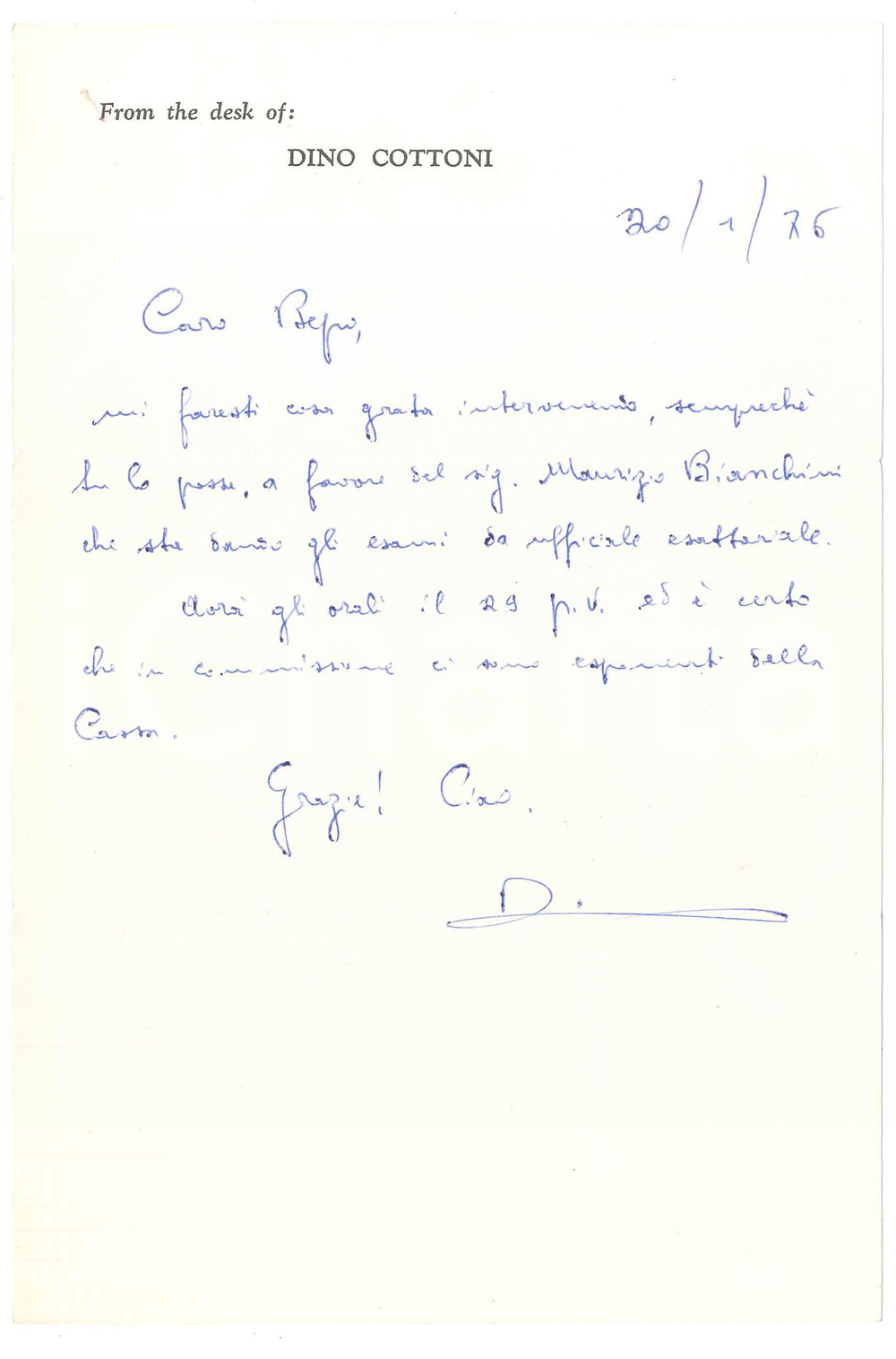 Autografo originale 1976 PADOVA Lettera Dino COTTONI per raccomandazione AUTOGRAFO 1