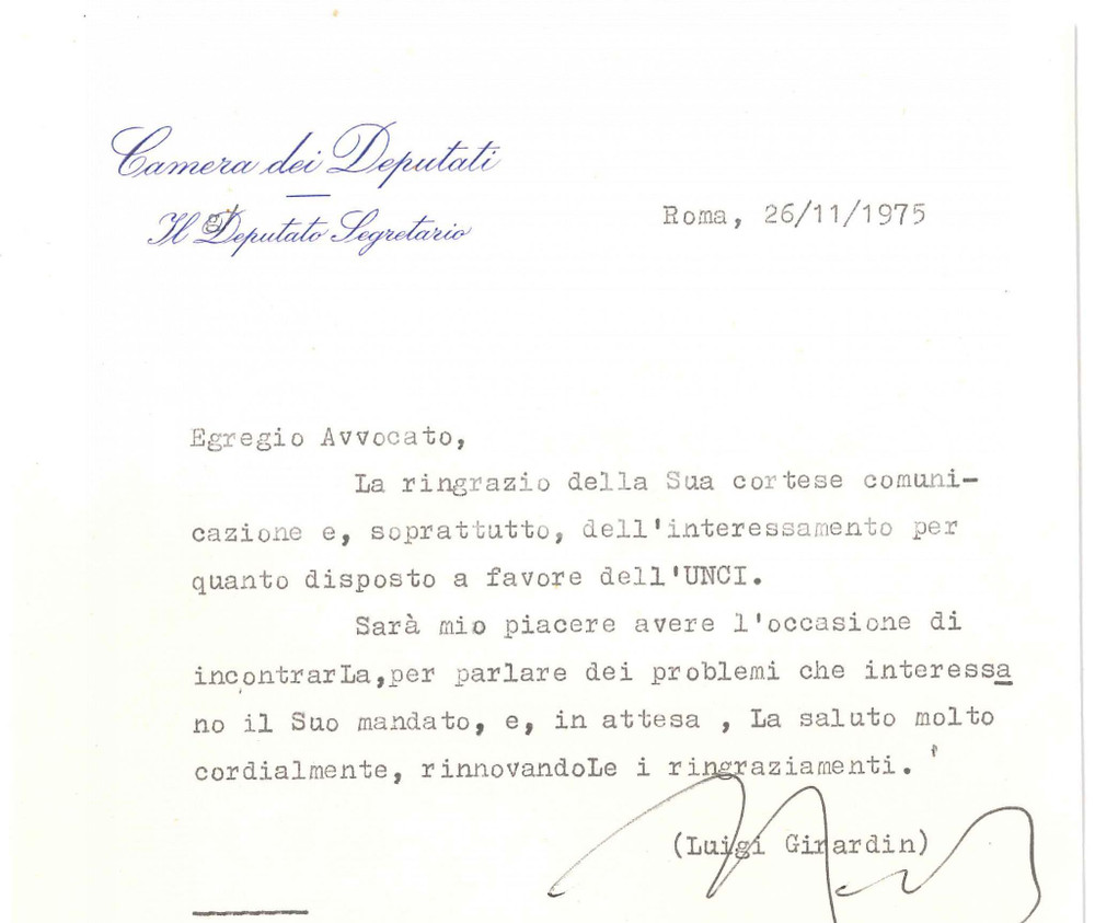 Autografo originale 1975 ROMA Lettera on. Luigi GIRARDIN per ringraziamento  Autografo 1